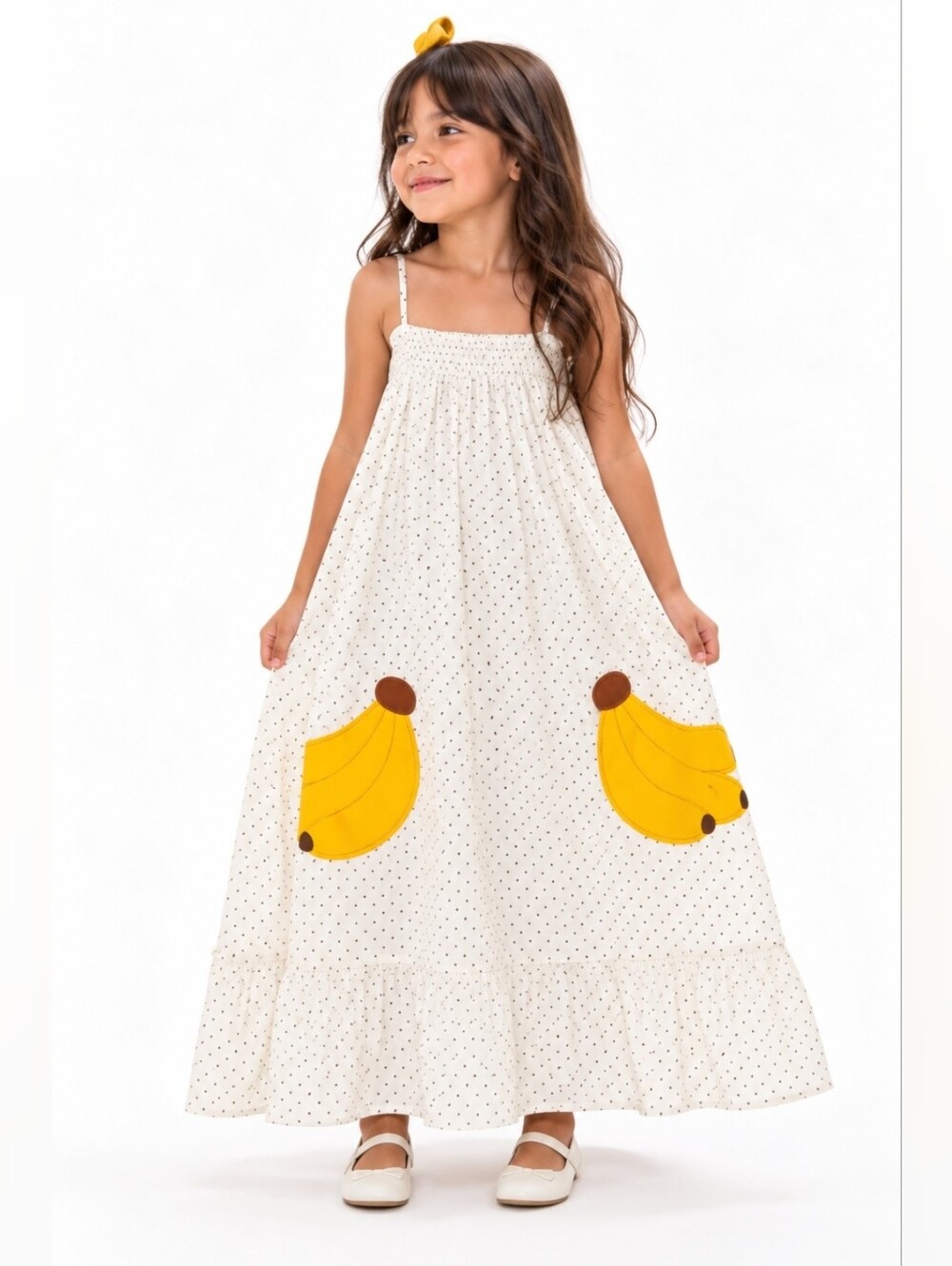 Girls Cream Eyelet Dress with Banana Pockets - Picture 1 of 9
